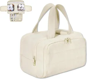 Cureaway Cosmetic Bag, Large Capacity Wide-Open Travel Cosmetic Bag, 4-in-1 Puffy Multi-functional Toiletry Bag for Women, Waterproof Portable Pouch Open Flat Toiletry Bags (beige)