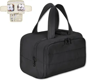 Cureaway Cosmetic Bag, Large Capacity Wide-Open Travel Cosmetic Bag, 4-in-1 Puffy Multi-functional Toiletry Bag for Women, Waterproof Portable Pouch Open Flat Toiletry Bags (black)