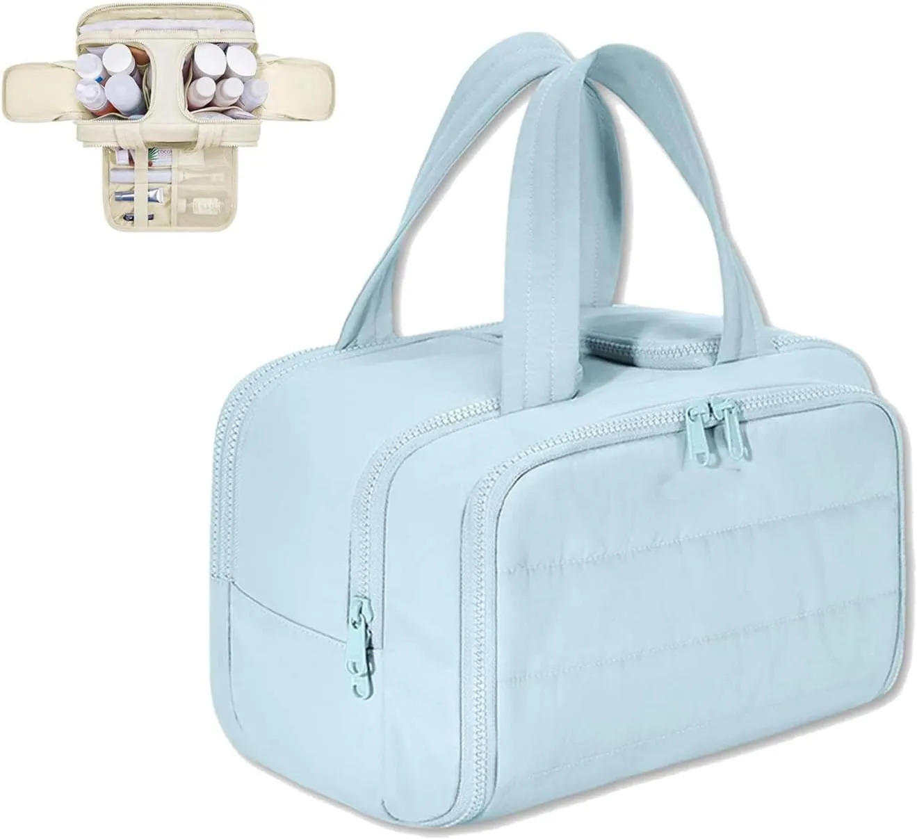 Cureaway Cosmetic Bag, Large Capacity Wide-Open Travel Cosmetic Bag, 4-in-1 Puffy Multi-functional Toiletry Bag for Women, Waterproof Portable Pouch Open Flat Toiletry Bags (blue)
