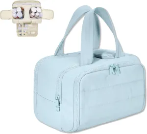Cureaway Cosmetic Bag, Large Capacity Wide-Open Travel Cosmetic Bag, 4-in-1 Puffy Multi-functional Toiletry Bag for Women, Waterproof Portable Pouch Open Flat Toiletry Bags (blue)