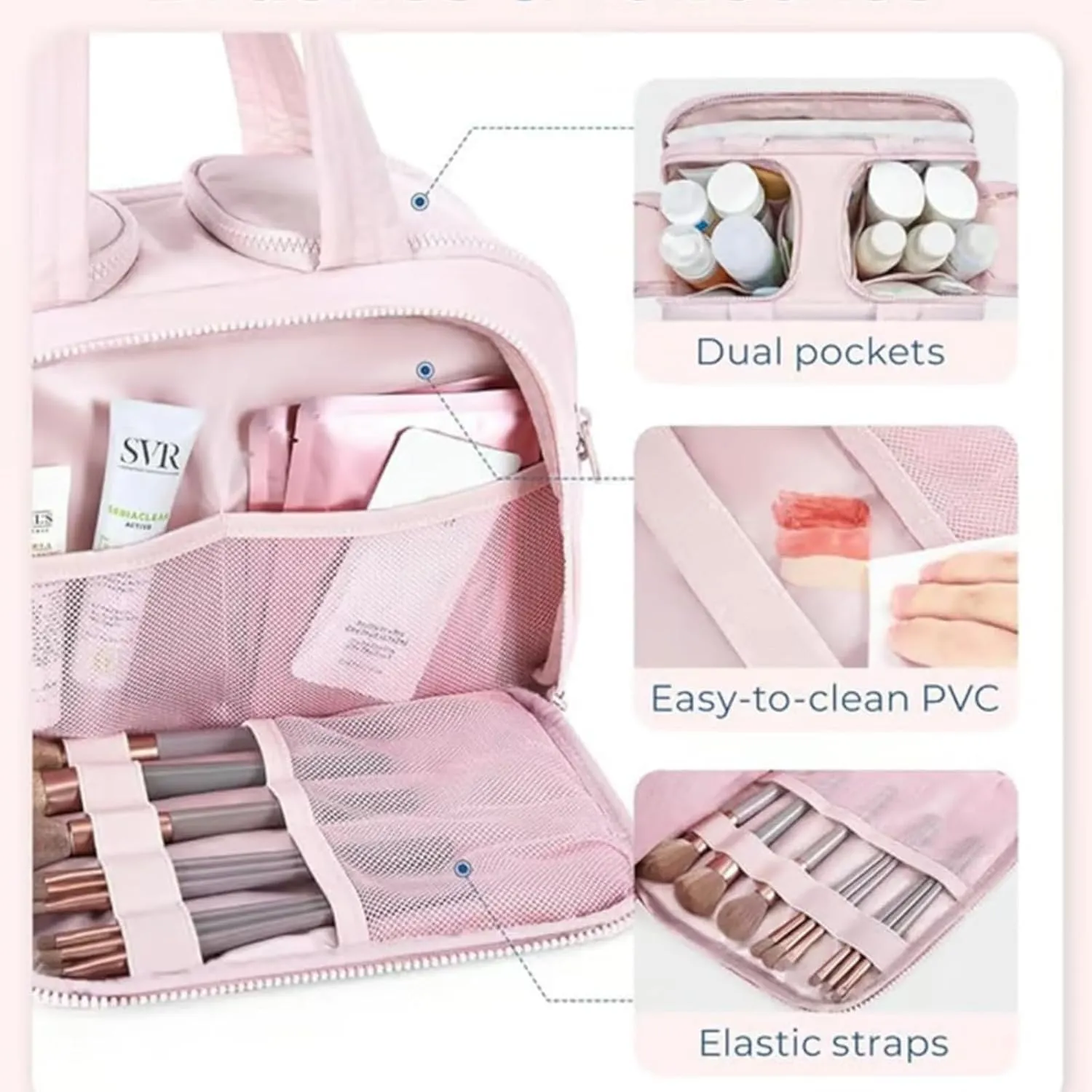 Cureaway Cosmetic Bag, Large Capacity Wide-Open Travel Cosmetic Bag, 4-in-1 Puffy Multi-functional Toiletry Bag for Women, Waterproof Portable Pouch Open Flat Toiletry Bags (blue)