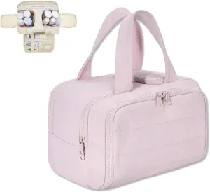 Cureaway Cosmetic Bag, Large Capacity Wide-Open Travel Cosmetic Bag, 4-in-1 Puffy Multi-functional Toiletry Bag for Women, Waterproof Portable Pouch Open Flat Toiletry Bags (pink)