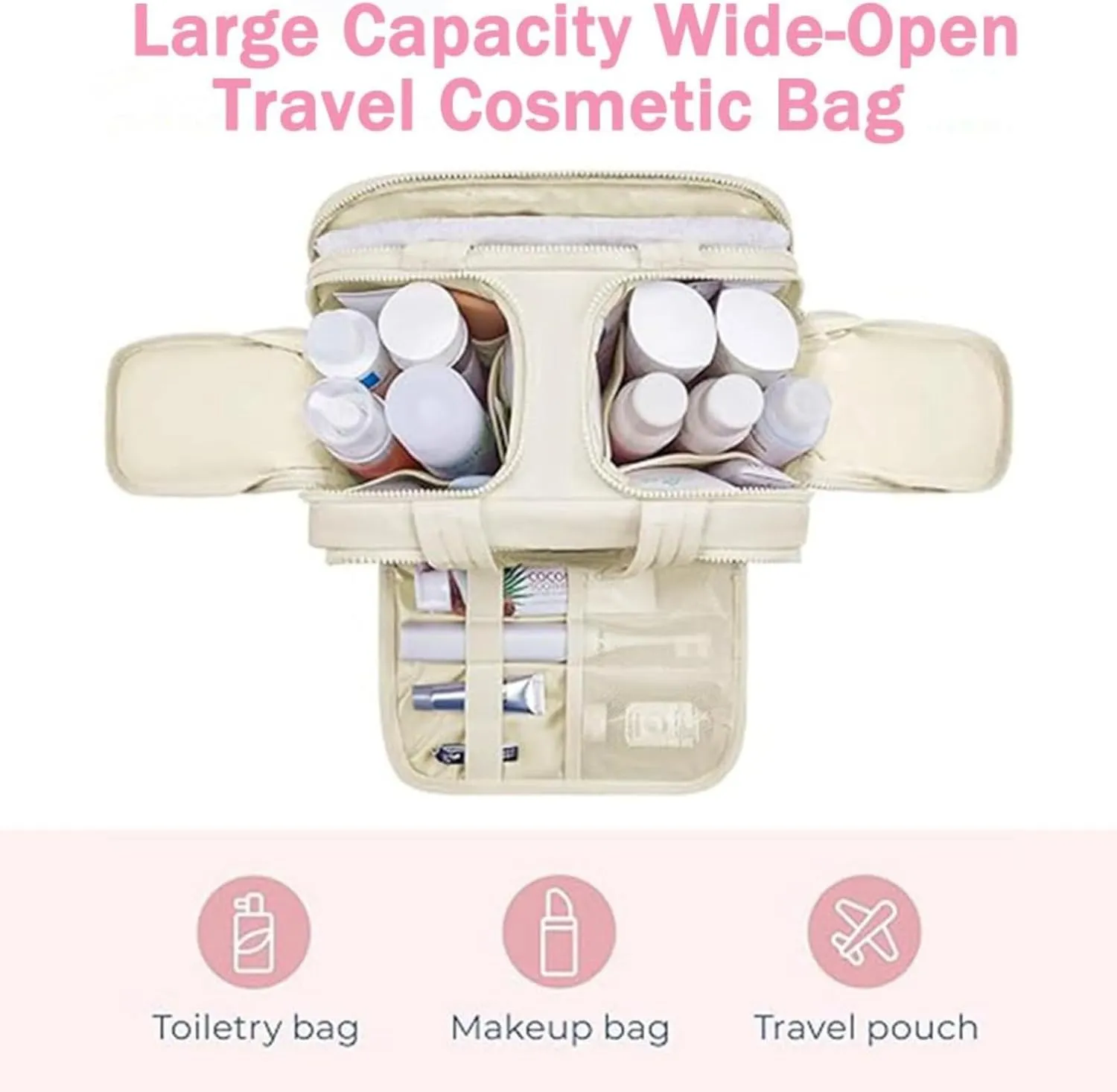Cureaway Cosmetic Bag, Large Capacity Wide-Open Travel Cosmetic Bag, 4-in-1 Puffy Multi-functional Toiletry Bag for Women, Waterproof Portable Pouch Open Flat Toiletry Bags (purple)