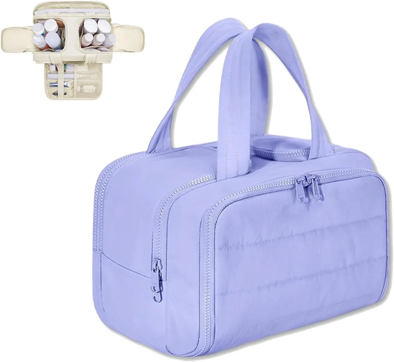 Cureaway Cosmetic Bag, Large Capacity Wide-Open Travel Cosmetic Bag, 4-in-1 Puffy Multi-functional Toiletry Bag for Women, Waterproof Portable Pouch Open Flat Toiletry Bags (purple)