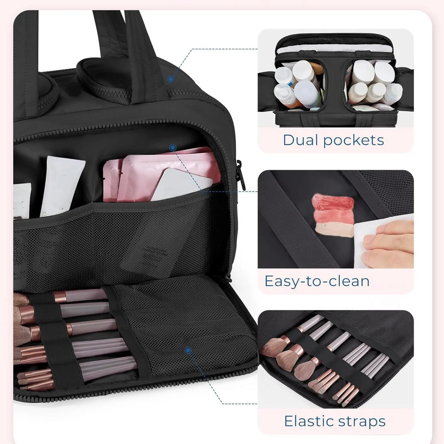 Cureaway Travel Cosmetic Bag, 4-in-1 Puffy Multi-functional Toiletry Bag, Large Capacity Wide-Open Travel Cosmetic Bag, Pouch Open Flat Toiletry Bags (Gray)