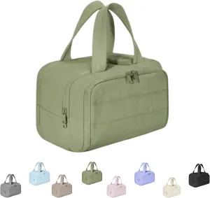 Cureaway Travel Cosmetic Bag, 4-in-1 Puffy Multi-functional Toiletry Bag, Large Capacity Wide-Open Travel Cosmetic Bag, Pouch Open Flat Toiletry Bags (Green)