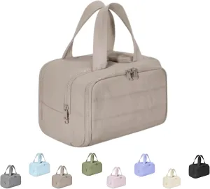 Cureaway Travel Cosmetic Bag, 4-in-1 Puffy Multi-functional Toiletry Bag, Large Capacity Wide-Open Travel Cosmetic Bag, Pouch Open Flat Toiletry Bags (Khaki)
