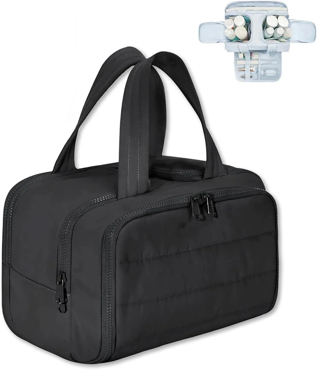 Cureaway Travel Cosmetic Bag for Women,Curetoaway Cuteaway Large Capacity Wide-Open Travel Cosmetic Bag,4-in-1 Puffy Multi-functional Toiletry for Women with Divider and Handle (black)