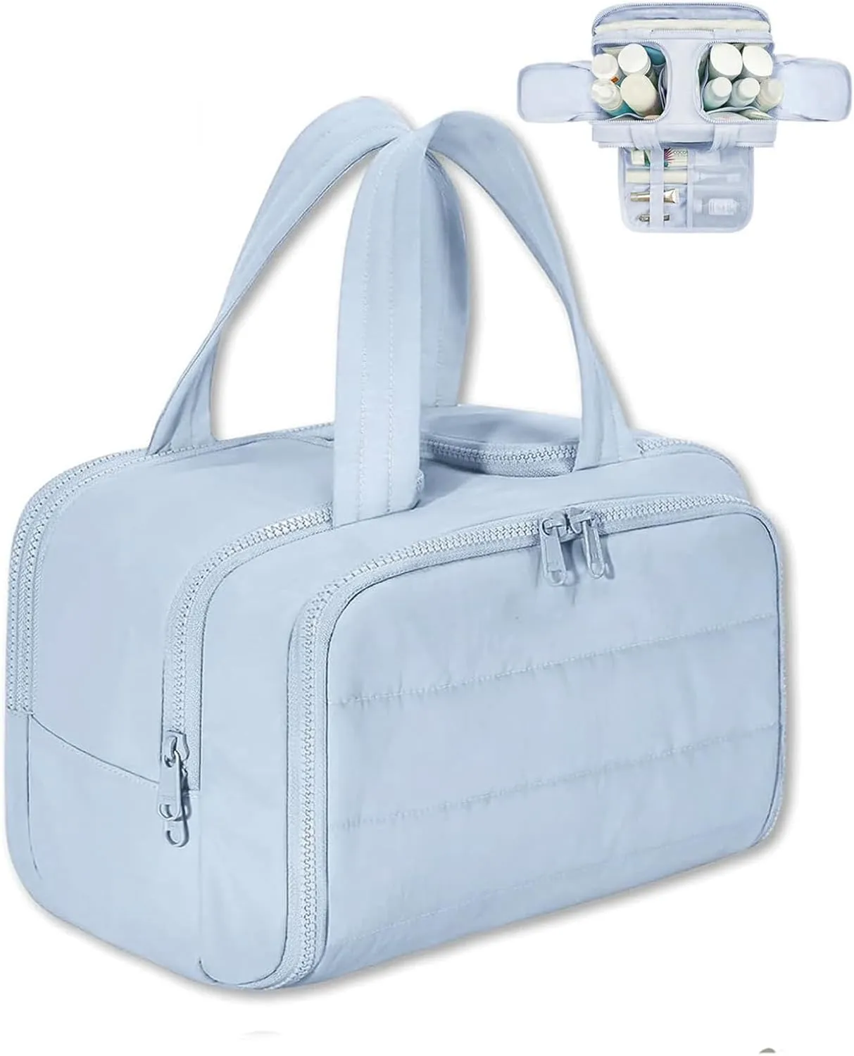 Cureaway Travel Cosmetic Bag for Women,Curetoaway Cuteaway Large Capacity Wide-Open Travel Cosmetic Bag,4-in-1 Puffy Multi-functional Toiletry for Women with Divider and Handle (blue)