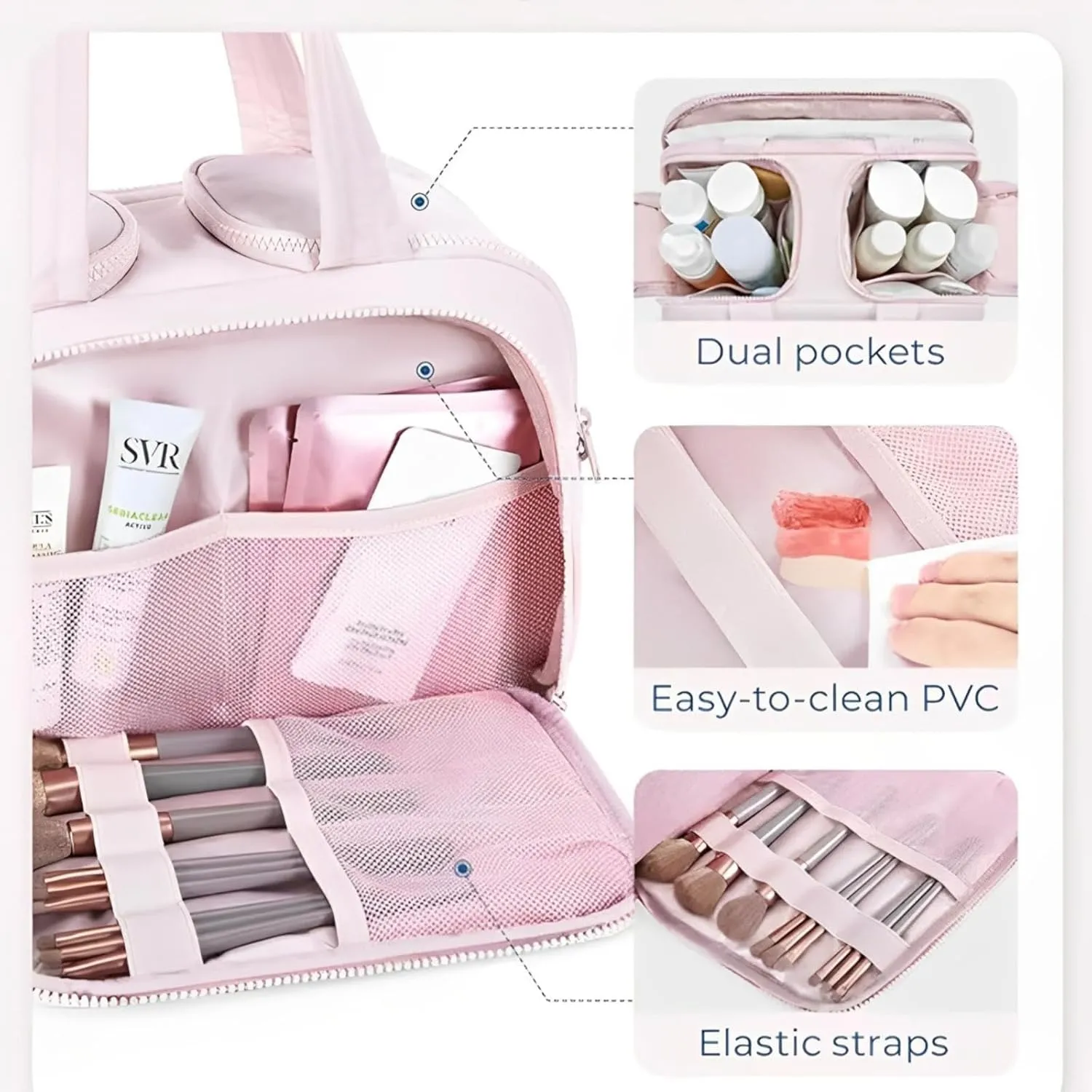 Cureaway Travel Cosmetic Bag for Women,Curetoaway Cuteaway Large Capacity Wide-Open Travel Cosmetic Bag,4-in-1 Puffy Multi-functional Toiletry for Women with Divider and Handle (pink)