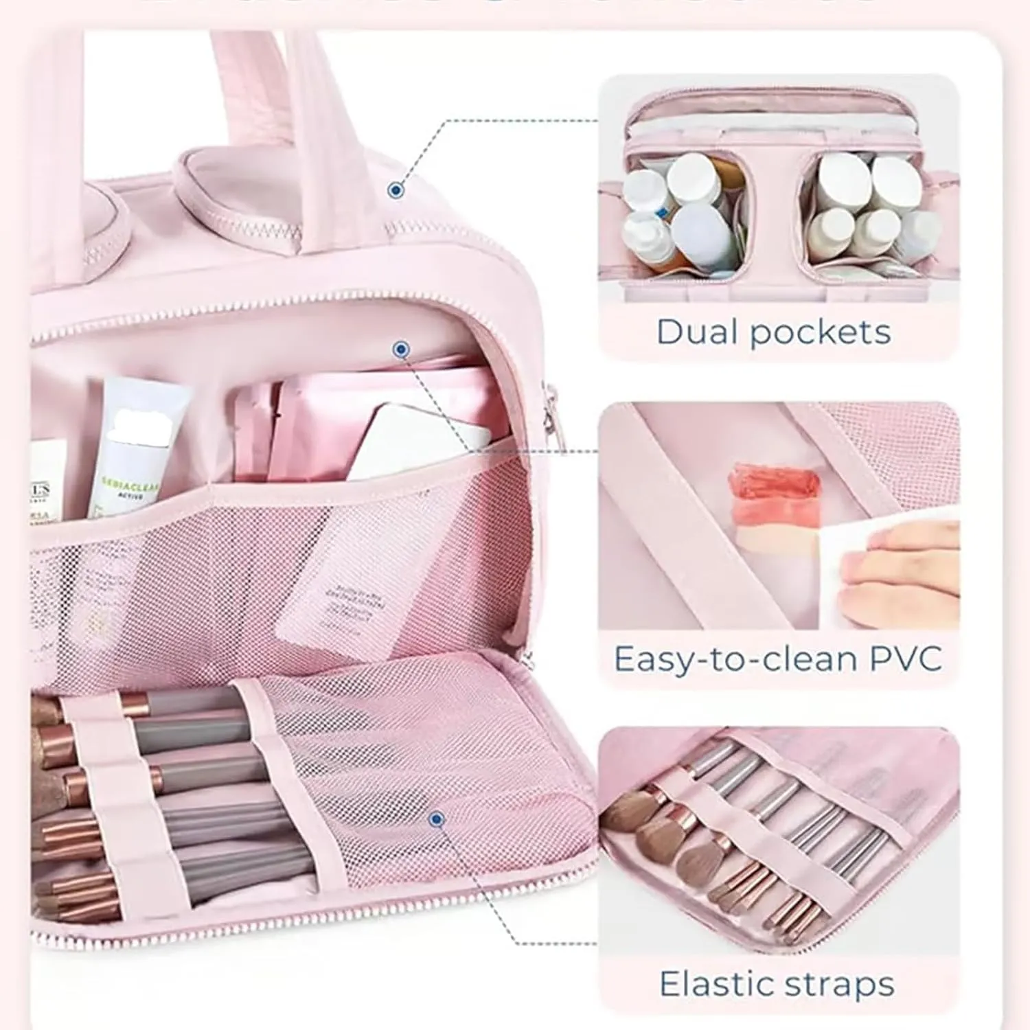 Cureaway Travel Cosmetic Bag, Large Capacity Wide-Open Cosmetic Bags, Waterproof Portable Pouch Open Flat Toiletry Bags, Dry-And-Wet Separation (Light blue)
