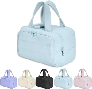 Cureaway Travel Cosmetic Bag, Large Capacity Wide-Open Cosmetic Bags, Waterproof Portable Pouch Open Flat Toiletry Bags, Dry-And-Wet Separation (Light blue)