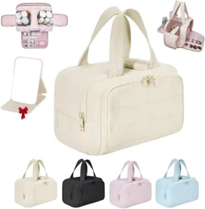Cureaway Travel Cosmetic Bag, Large Capacity Wide-Open Travel Cosmetic Bag 4-In-1 Puffy Multi-Functional Toiletry Bag for Women Waterproof Portable Pouch Open Flat Toiletry Bags (Beige*1pcs)