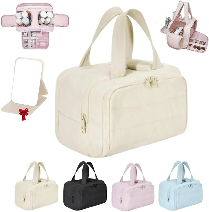 Cureaway Travel Cosmetic Bag, Large Capacity Wide-Open Travel Cosmetic Bag 4-In-1 Puffy Multi-Functional Toiletry Bag for Women Waterproof Portable Pouch Open Flat Toiletry Bags (Beige*1pcs)