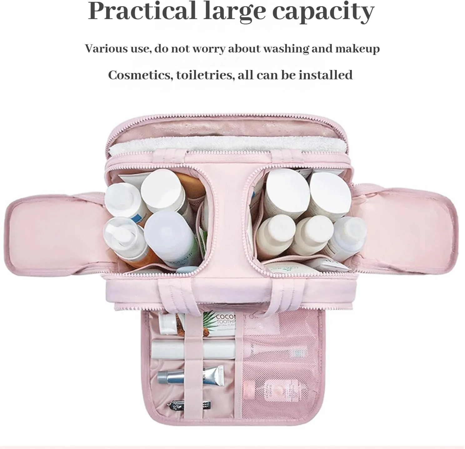 Cureaway Travel Cosmetic Bag, Large Capacity Wide-Open Travel Cosmetic Bag 4-In-1 Puffy Multi-Functional Toiletry Bag for Women Waterproof Portable Pouch Open Flat Toiletry Bags (Black*1pcs)