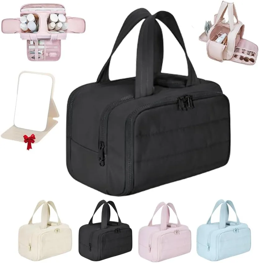 Cureaway Travel Cosmetic Bag, Large Capacity Wide-Open Travel Cosmetic Bag 4-In-1 Puffy Multi-Functional Toiletry Bag for Women Waterproof Portable Pouch Open Flat Toiletry Bags (Black*1pcs)