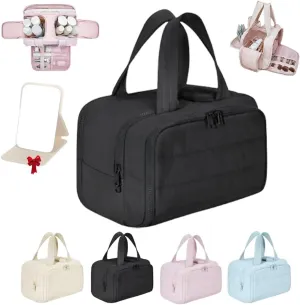 Cureaway Travel Cosmetic Bag, Large Capacity Wide-Open Travel Cosmetic Bag 4-In-1 Puffy Multi-Functional Toiletry Bag for Women Waterproof Portable Pouch Open Flat Toiletry Bags (Black*1pcs)