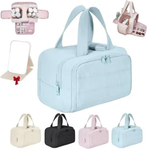 Cureaway Travel Cosmetic Bag, Large Capacity Wide-Open Travel Cosmetic Bag 4-In-1 Puffy Multi-Functional Toiletry Bag for Women Waterproof Portable Pouch Open Flat Toiletry Bags (Blue*1pcs)