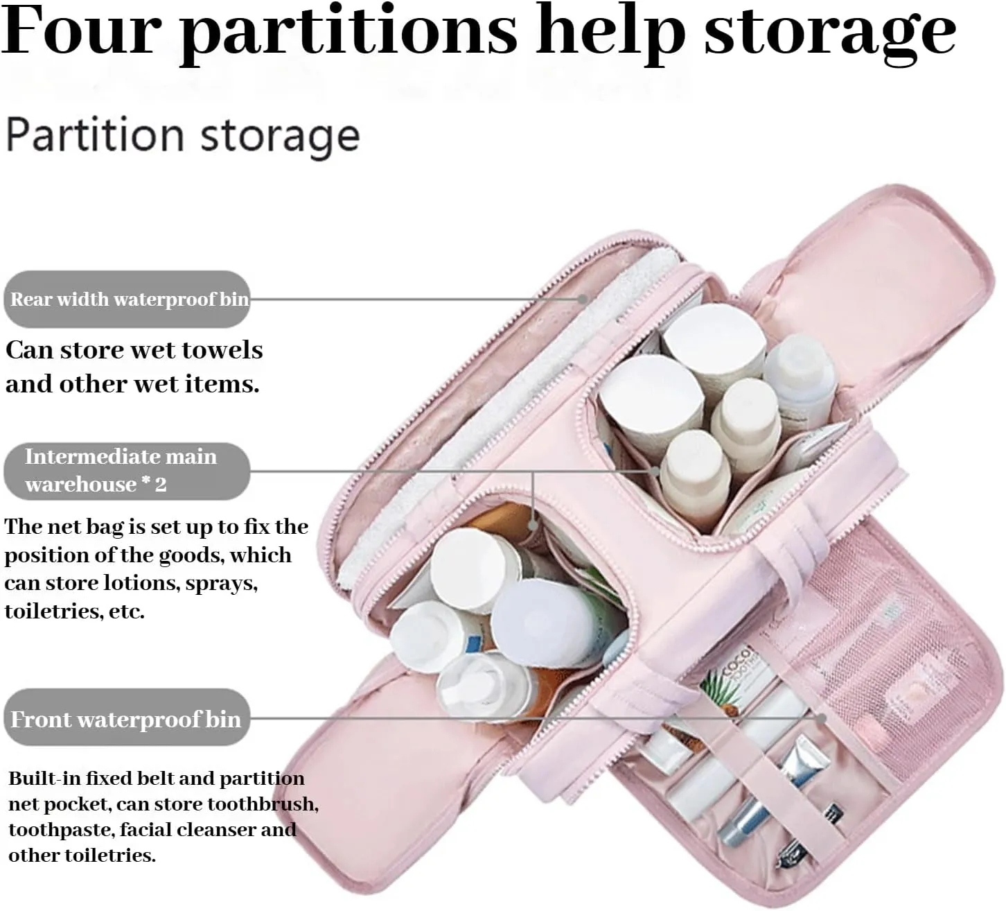 Cureaway Travel Cosmetic Bag, Large Capacity Wide-Open Travel Cosmetic Bag 4-In-1 Puffy Multi-Functional Toiletry Bag for Women Waterproof Portable Pouch Open Flat Toiletry Bags (Pink*1pcs)