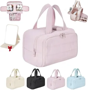 Cureaway Travel Cosmetic Bag, Large Capacity Wide-Open Travel Cosmetic Bag 4-In-1 Puffy Multi-Functional Toiletry Bag for Women Waterproof Portable Pouch Open Flat Toiletry Bags (Pink*1pcs)