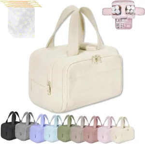 Cureaway Travel Cosmetic Bag, Large Capacity Wide-Open Travel Cosmetic Bag, 4-In-1 Puffy Multi-Functional Toiletry Bags for Women, Waterproof Portable Pouch Open Flat (BEIGE)