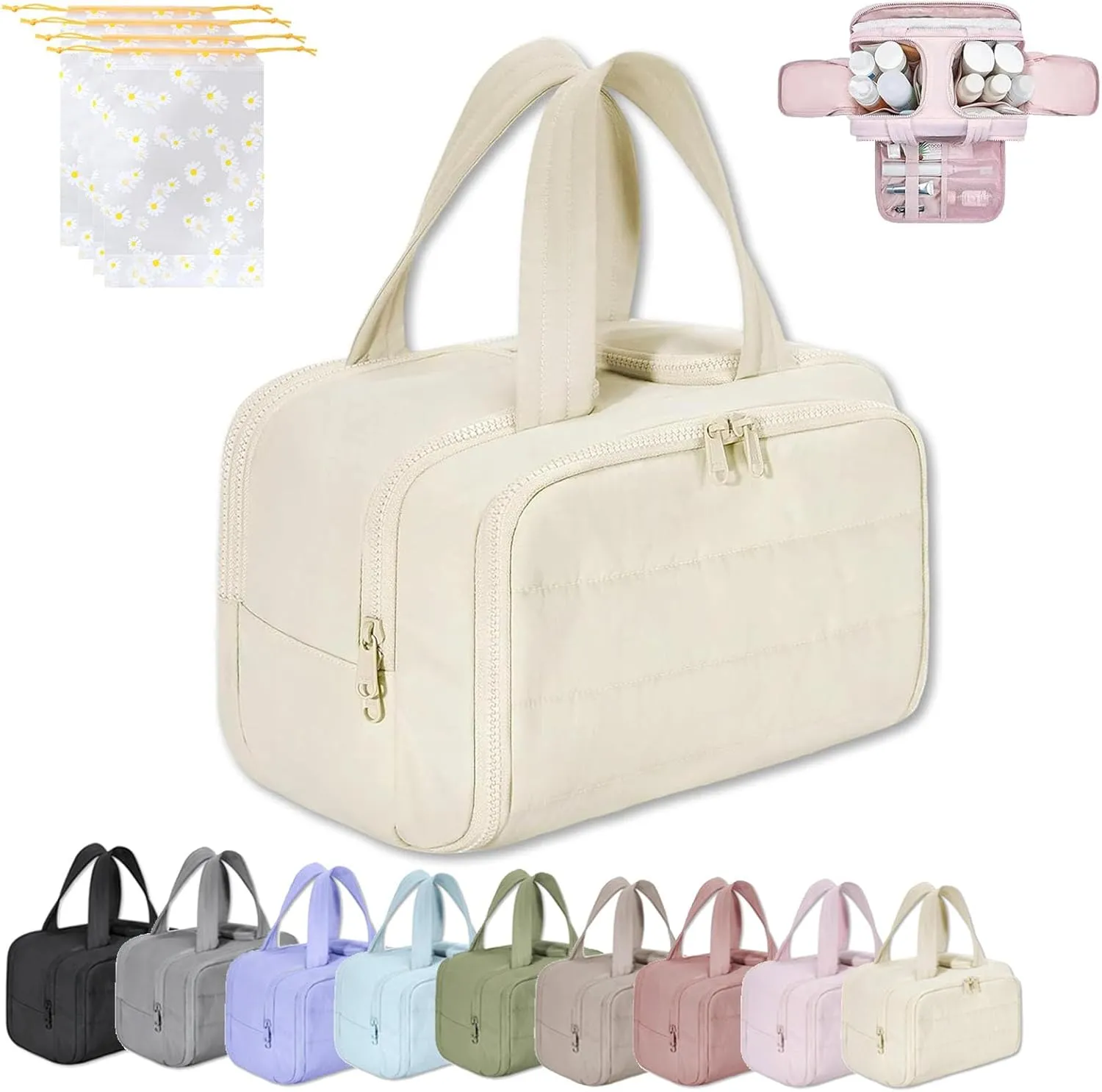 Cureaway Travel Cosmetic Bag, Large Capacity Wide-Open Travel Cosmetic Bag, 4-In-1 Puffy Multi-Functional Toiletry Bags for Women, Waterproof Portable Pouch Open Flat (BEIGE)