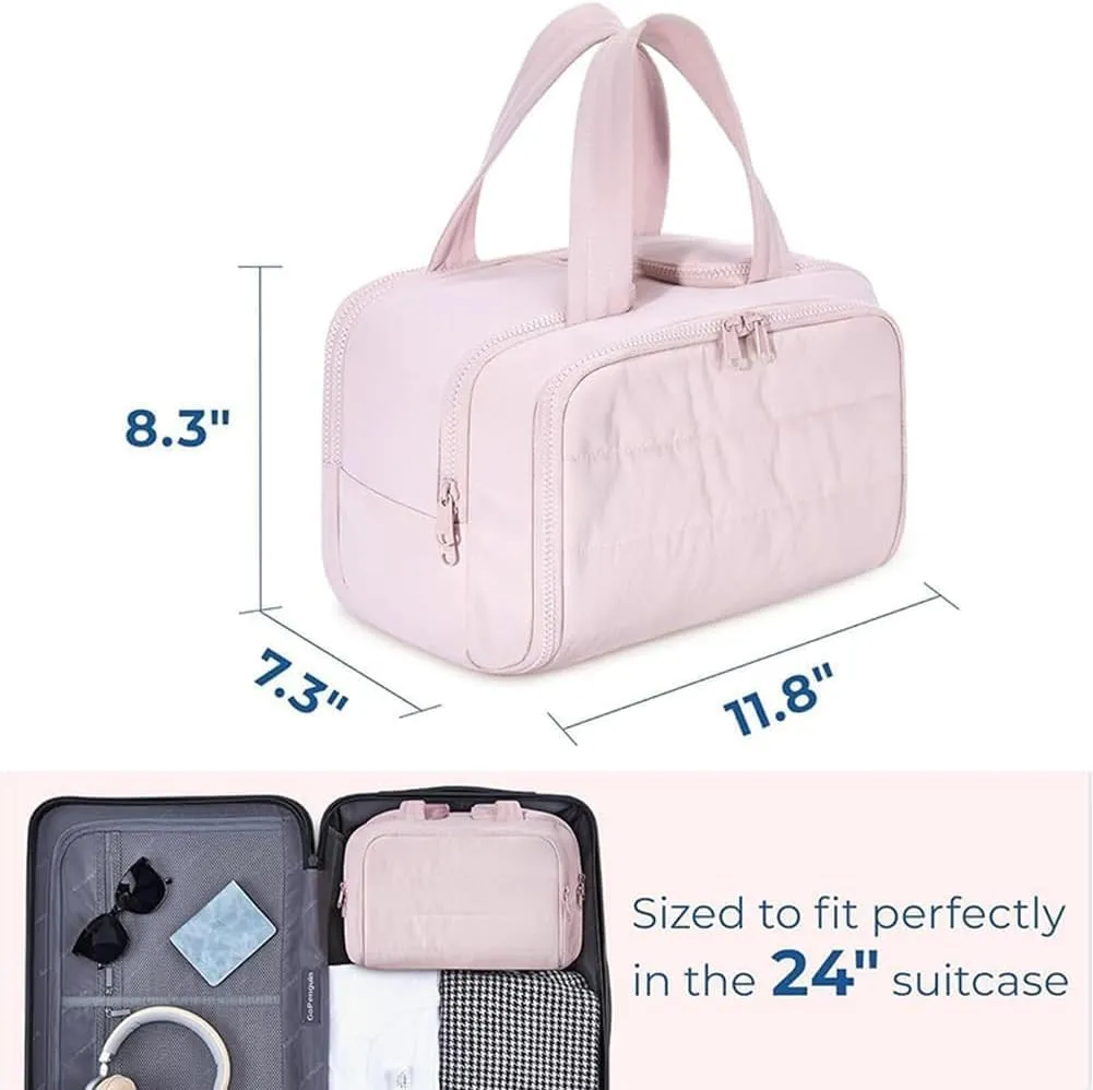 Cureaway Travel Cosmetic Bag, Large Capacity Wide-Open Travel Cosmetic Bag, 4-In-1 Puffy Multi-Functional Toiletry Bags for Women, Waterproof Portable Pouch Open Flat (BEIGE)