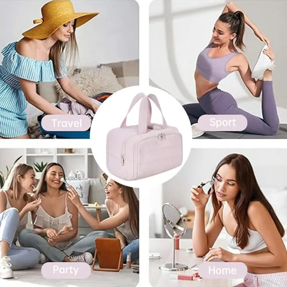 Cureaway Travel Cosmetic Bag, Large Capacity Wide-Open Travel Cosmetic Bag, 4-In-1 Puffy Multi-Functional Toiletry Bags for Women, Waterproof Portable Pouch Open Flat (BEIGE)