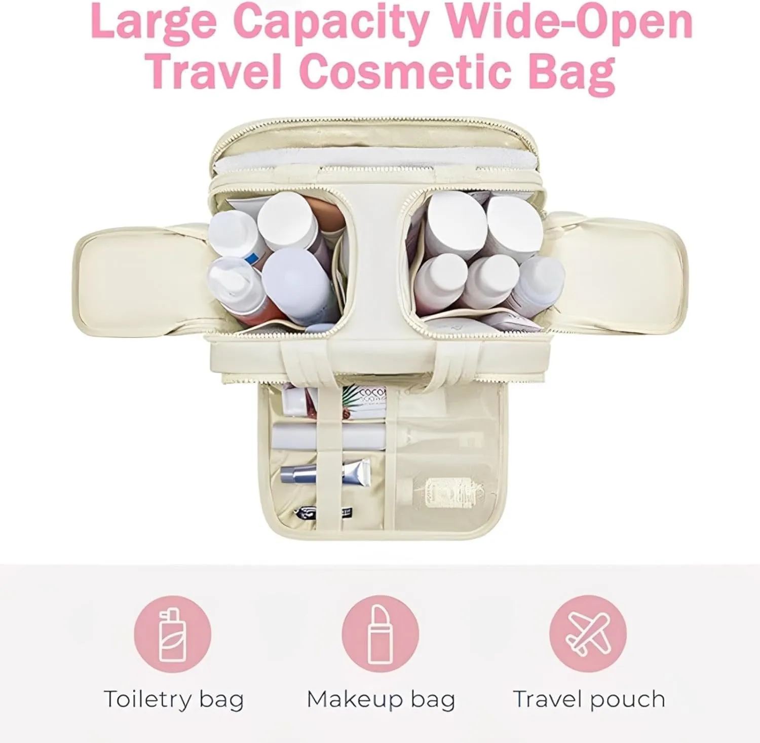 Cureaway Travel Cosmetic Bag, Large Capacity Wide-Open Travel Cosmetic Bag, 4-In-1 Puffy Multi-Functional Toiletry Bags for Women, Waterproof Portable Pouch Open Flat (BEIGE)