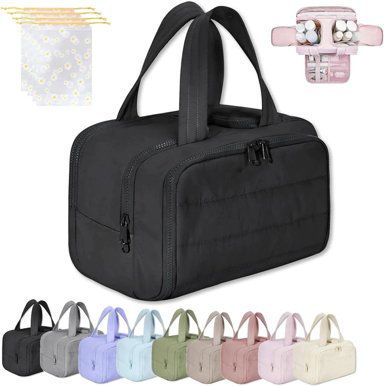 Cureaway Travel Cosmetic Bag, Large Capacity Wide-Open Travel Cosmetic Bag, 4-In-1 Puffy Multi-Functional Toiletry Bags for Women, Waterproof Portable Pouch Open Flat (BLACK)