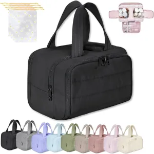 Cureaway Travel Cosmetic Bag, Large Capacity Wide-Open Travel Cosmetic Bag, 4-In-1 Puffy Multi-Functional Toiletry Bags for Women, Waterproof Portable Pouch Open Flat (BLACK)