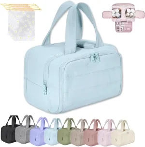 Cureaway Travel Cosmetic Bag, Large Capacity Wide-Open Travel Cosmetic Bag, 4-In-1 Puffy Multi-Functional Toiletry Bags for Women, Waterproof Portable Pouch Open Flat (BLUE)