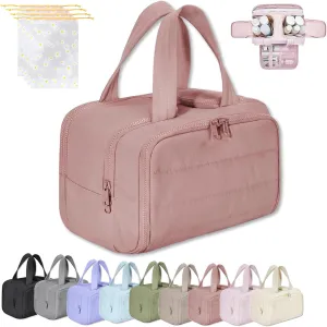 Cureaway Travel Cosmetic Bag, Large Capacity Wide-Open Travel Cosmetic Bag, 4-In-1 Puffy Multi-Functional Toiletry Bags for Women, Waterproof Portable Pouch Open Flat (DARK PINK)