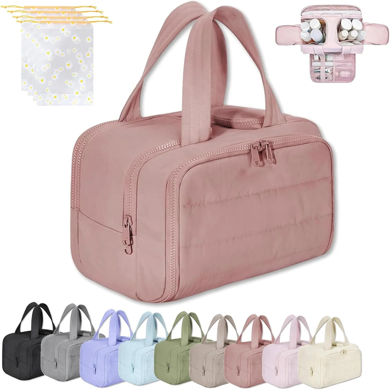 Cureaway Travel Cosmetic Bag, Large Capacity Wide-Open Travel Cosmetic Bag, 4-In-1 Puffy Multi-Functional Toiletry Bags for Women, Waterproof Portable Pouch Open Flat (DARK PINK)