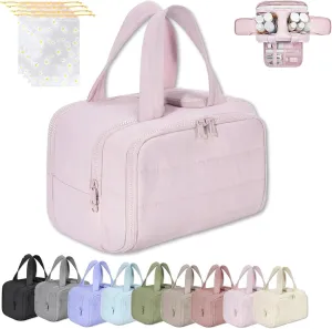 Cureaway Travel Cosmetic Bag, Large Capacity Wide-Open Travel Cosmetic Bag, 4-In-1 Puffy Multi-Functional Toiletry Bags for Women, Waterproof Portable Pouch Open Flat (PINK)