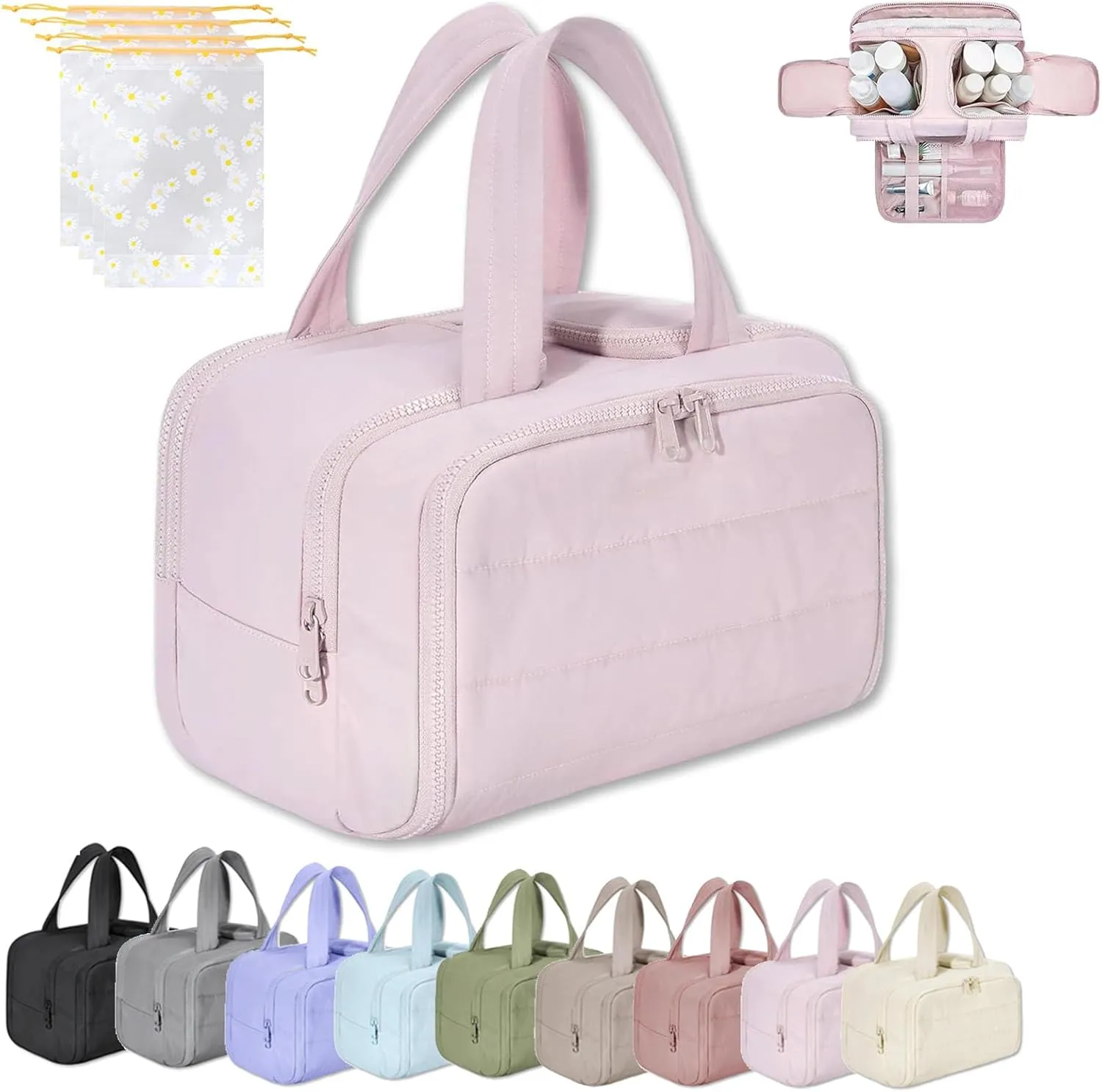 Cureaway Travel Cosmetic Bag, Large Capacity Wide-Open Travel Cosmetic Bag, 4-In-1 Puffy Multi-Functional Toiletry Bags for Women, Waterproof Portable Pouch Open Flat (PINK)