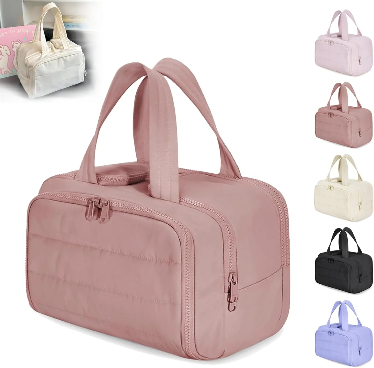 Cureaway Travel Cosmetic Bag, Large Capacity Wide-Open Travel Cosmetic Bag, 4-In-1 Puffy Multi-Functional Toiletry Bags, Suitable for daily travel and outings (pink)