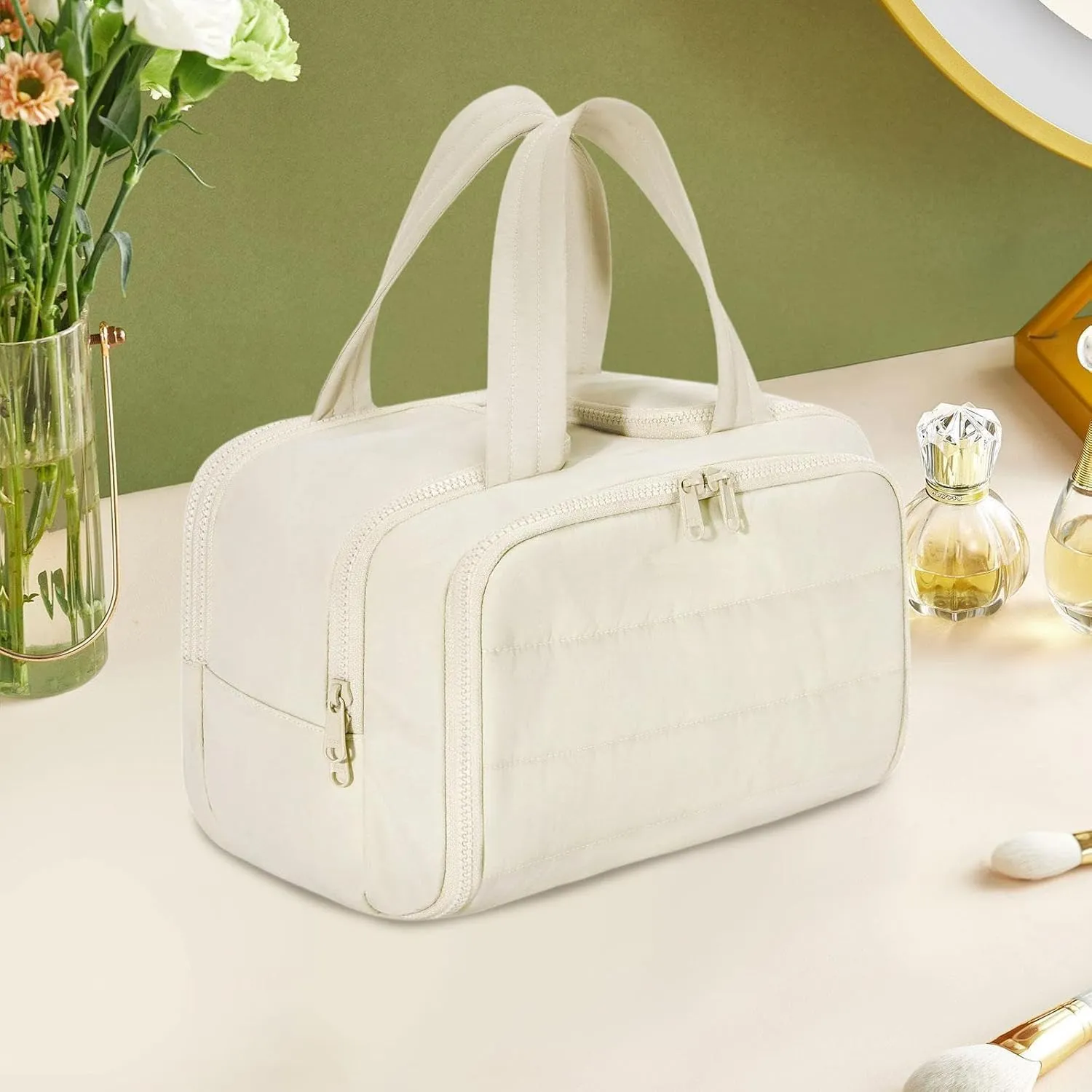 Cureaway Travel Cosmetic Bag, Large Capacity Wide-Open Travel Cosmetic Bag, 4-In-1 Puffy Multi-Functional Toiletry Bags, Waterproof Open Flat Toiletry, Dry And Wet Separation (beige)