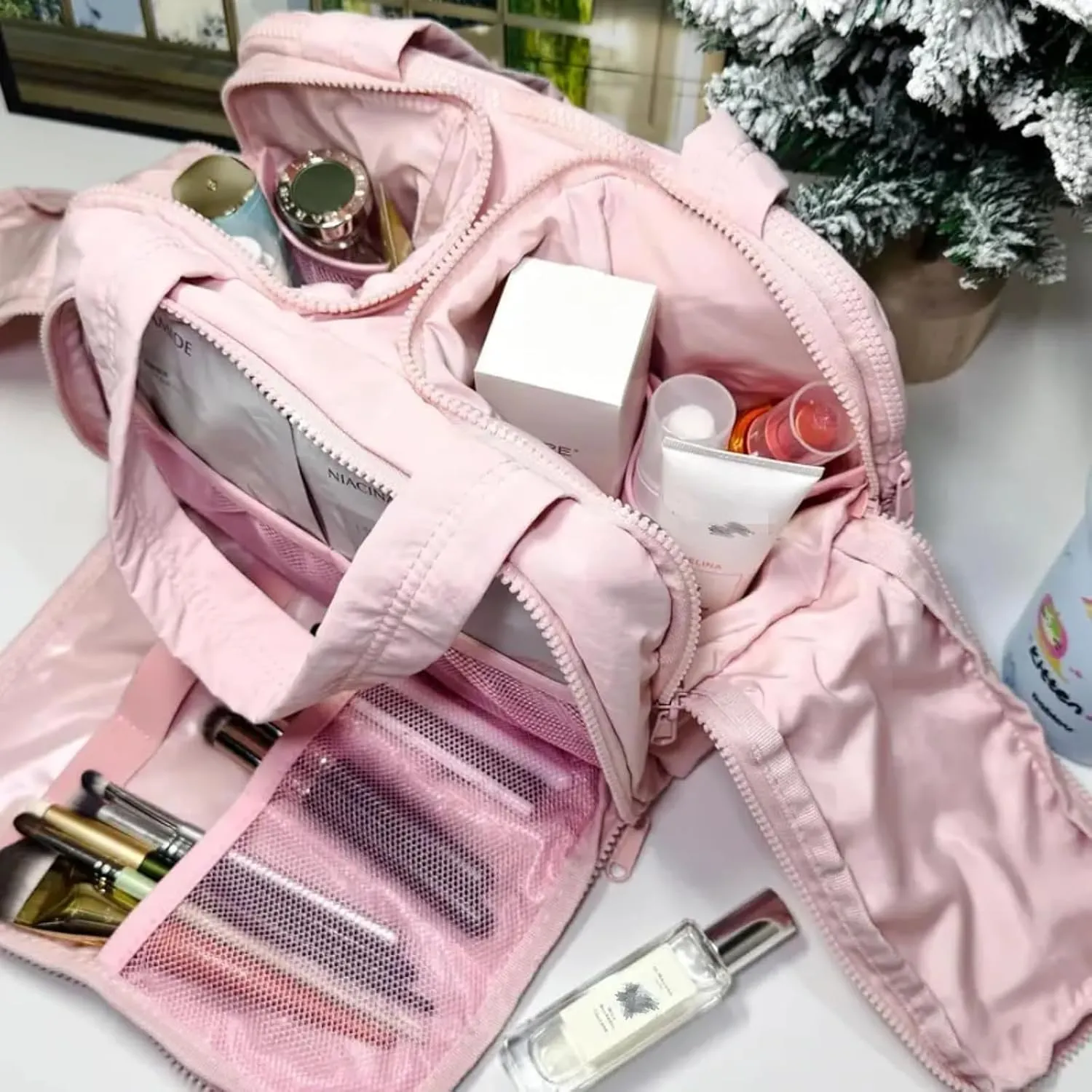 Cureaway Travel Cosmetic Bag, Large Capacity Wide-Open Travel Cosmetic Bag, 4-In-1 Puffy Multi-Functional Toiletry Bags, Waterproof Open Flat Toiletry, Dry And Wet Separation (pink)