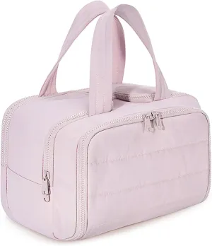 Cureaway Travel Cosmetic Bag, Large Capacity Wide-Open Travel Cosmetic Bag, 4-In-1 Puffy Multi-Functional Toiletry Bags, Waterproof Open Flat Toiletry, Dry And Wet Separation (pink)