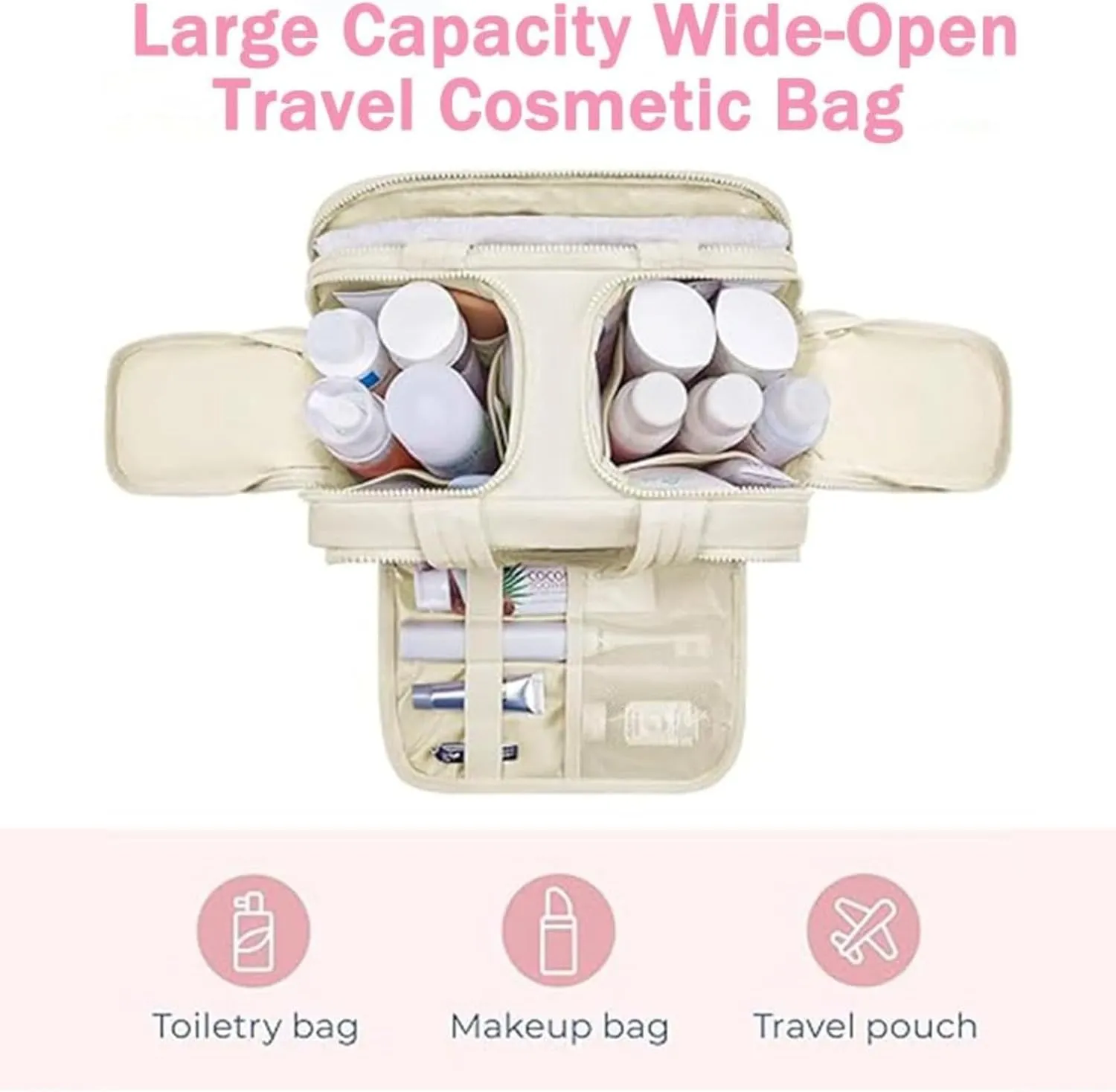 Curetoaway Travel Cosmetic Bag, Large Capacity Wide-Open Travel Cosmetic Bag, 4-in-1 Puffy Multi-functional Cureaway Toiletry Bag for Women, With 4 Compartments, Lightweight Waterproof (Pink)