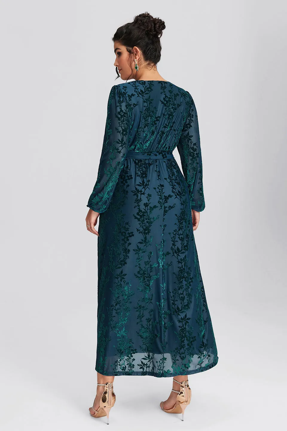 Curveins Plus Size Green Floral Velvet Wrap Maxi Dress