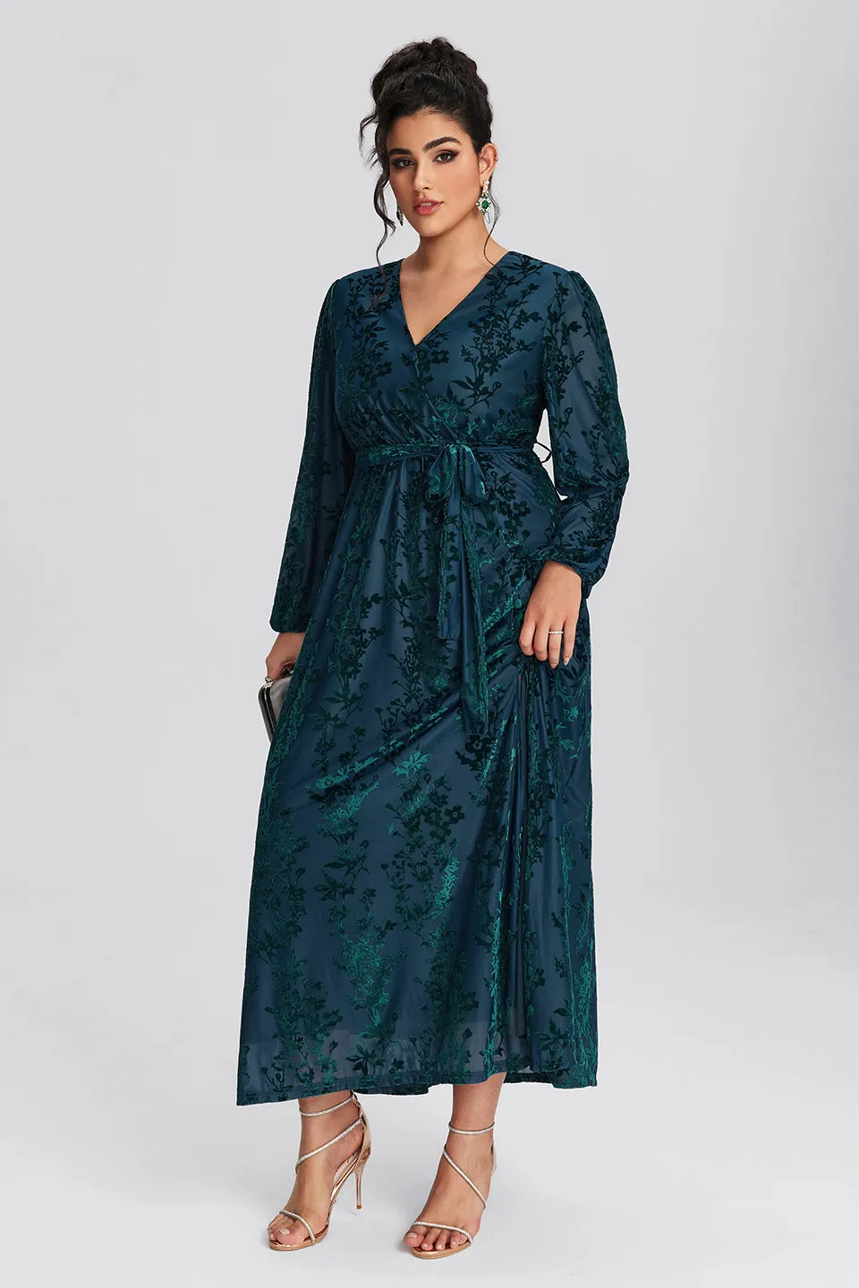 Curveins Plus Size Green Floral Velvet Wrap Maxi Dress