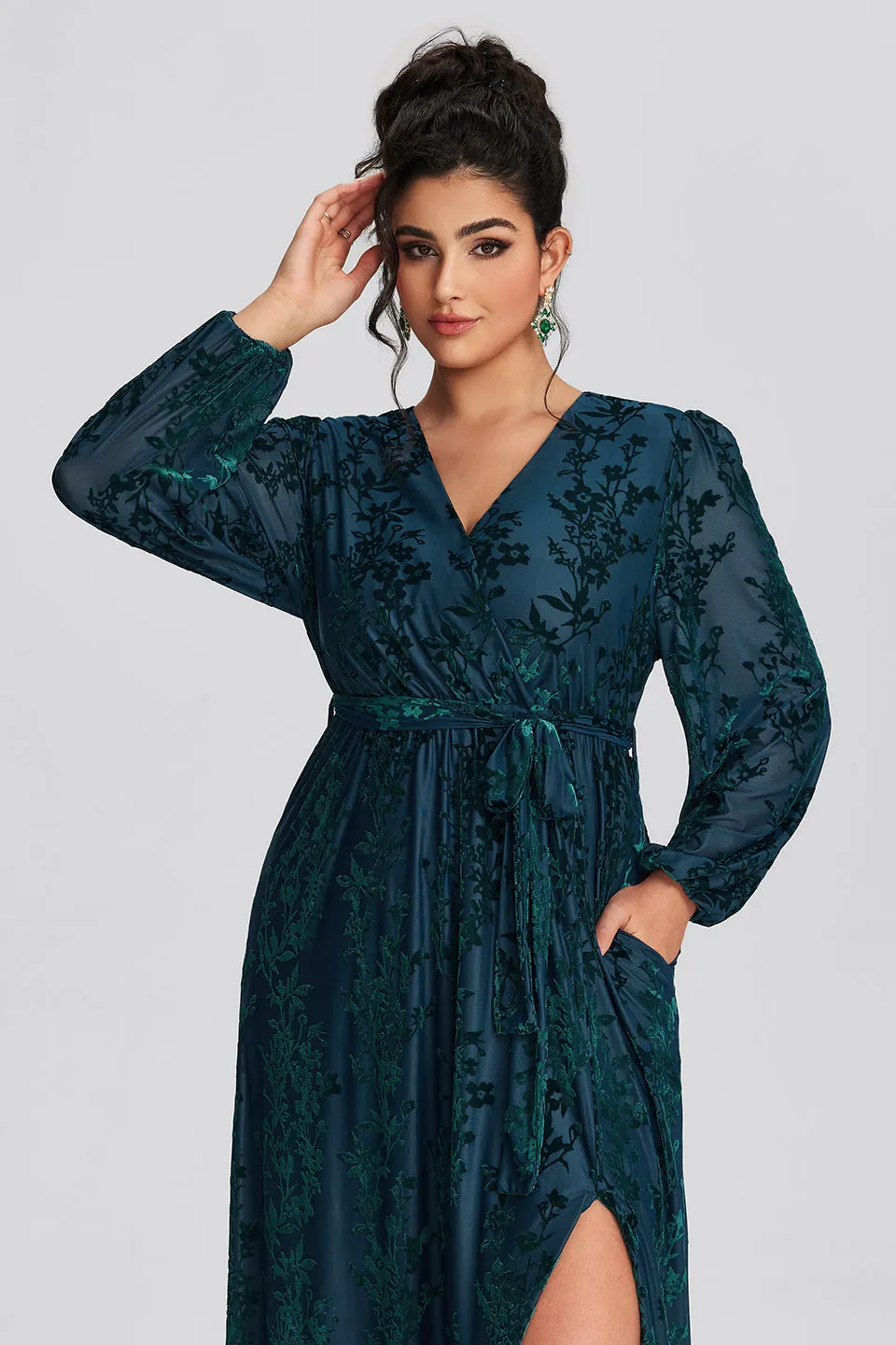 Curveins Plus Size Green Floral Velvet Wrap Maxi Dress