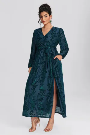 Curveins Plus Size Green Floral Velvet Wrap Maxi Dress