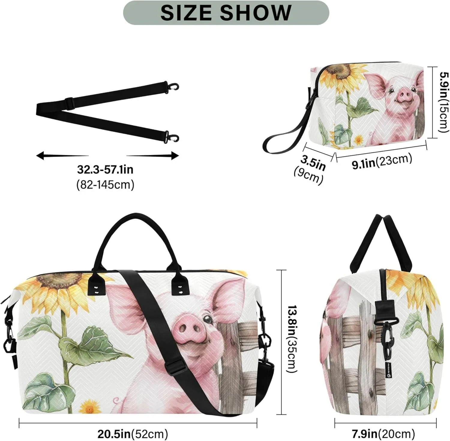 Cute Happy Pig Print Duffle Bags Travel Toiletry Bags Set of 2, Modern Womens Luggage Set of 2 Weekender Travel Bag