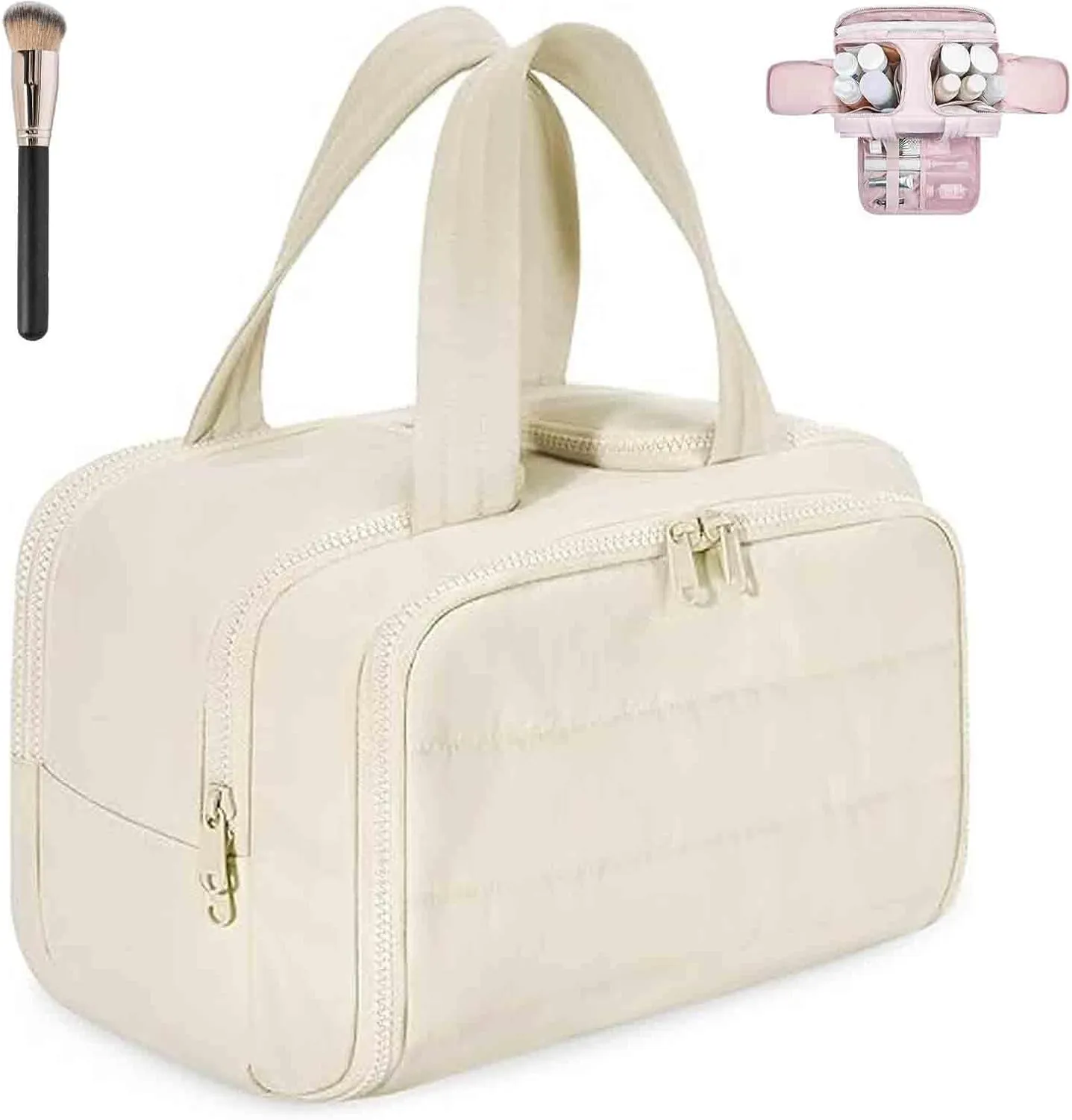 Decisive Makeup Bag, Elouva Toiletry Bag, Curetoaway Large Capacity Wide-Open Travel Cosmetic Bags, 4-in-1 Multi-Functional Waterproof Organizer Lightweight Portable, for Toiletries Storage (Beige)
