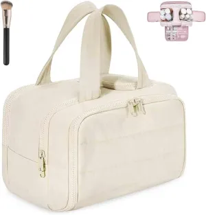 Decisive Makeup Bag, Elouva Toiletry Bag, Curetoaway Large Capacity Wide-Open Travel Cosmetic Bags, 4-in-1 Multi-Functional Waterproof Organizer Lightweight Portable, for Toiletries Storage (Beige)