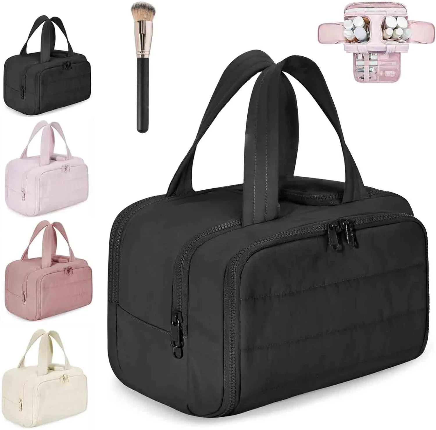 Decisive Makeup Bag, Elouva Toiletry Bag, Curetoaway Large Capacity Wide-Open Travel Cosmetic Bags, 4-in-1 Multi-Functional Waterproof Organizer Lightweight Portable, for Toiletries Storage (Black)