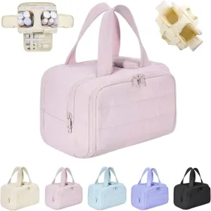 Decisive Makeup Bag, Large Capacity Wide-Open Travel Cosmetic Bag, Lightweight Toiletry Organizer for Traveling, 4-in-1 Puffy Multi-Functional Travel Toiletry Bags for Women (Pink)